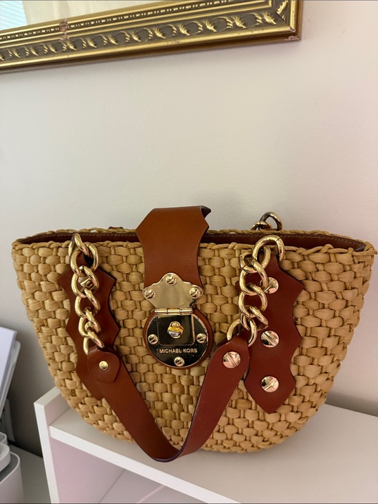 Michael Kors Handbags - Michael Kors Tan Woven Straw Tote with Brown Leather & Gold Hardware
